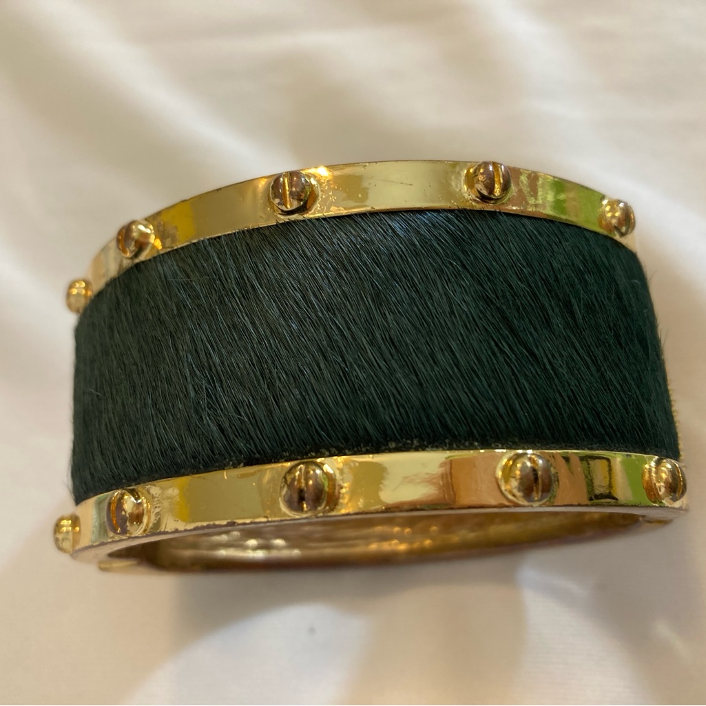 C. Wonder Faux Fur Dark Green Chunky Hinged Statement Bracelet